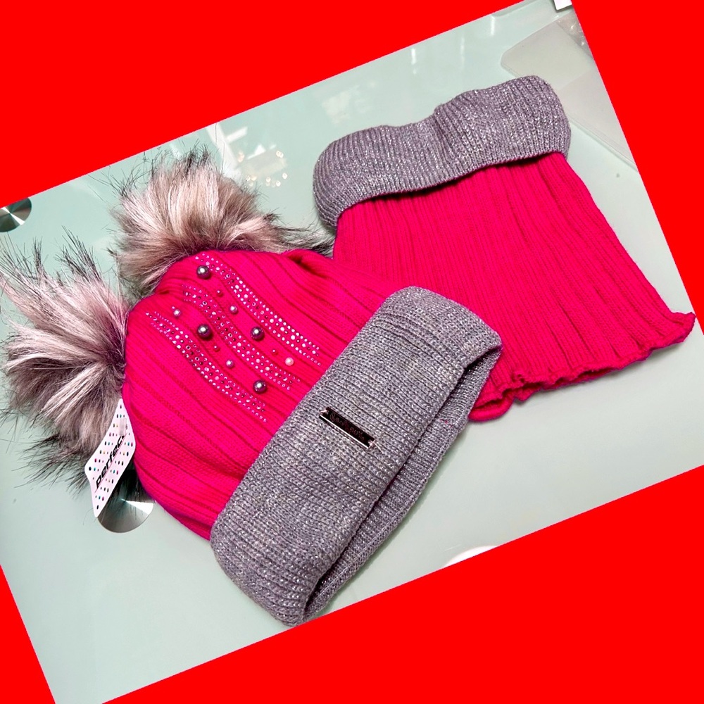 HOT PINK BEANIE/PEARL EMBELLISHMENTS & FAUX RACCOON POM POMS & MATCHING NECKRING